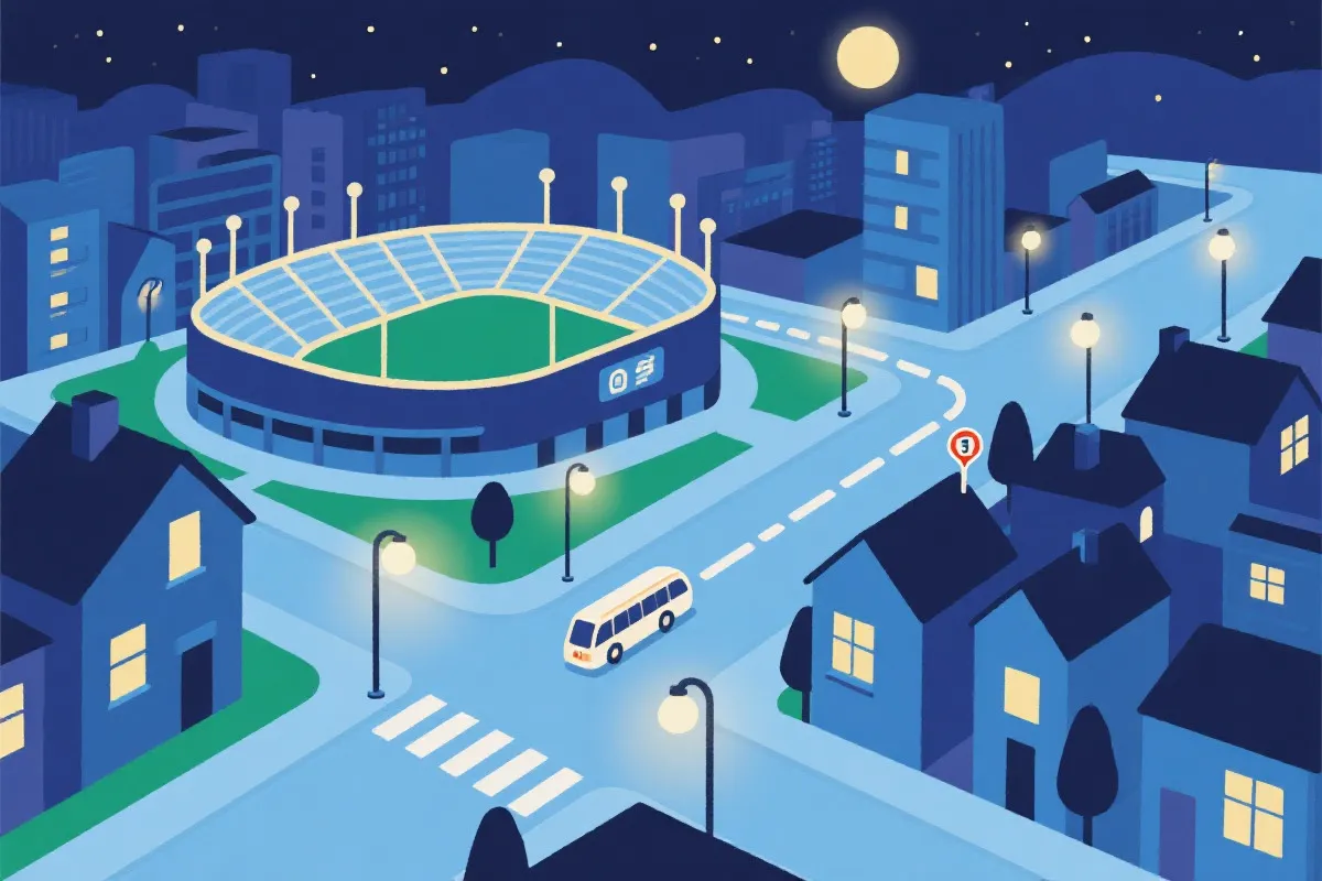 世界杯观赛夜归路线示意：从球场到地铁站再到社区街道，强调灯光与人流的安全感