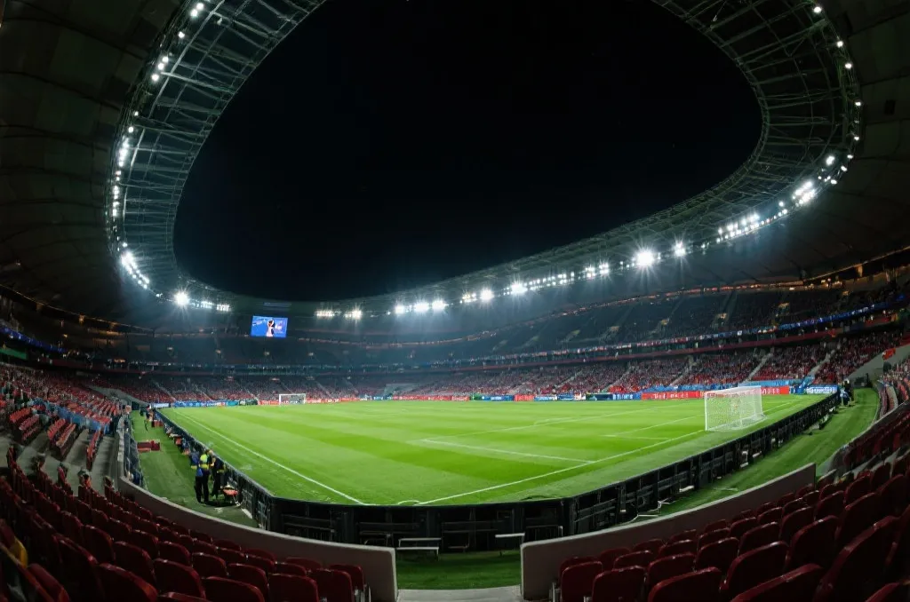 现代足球场夜景与观众席灯光交相辉映