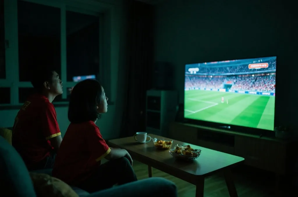 中国球迷在家中深夜看球，屏幕光映照出专注神情